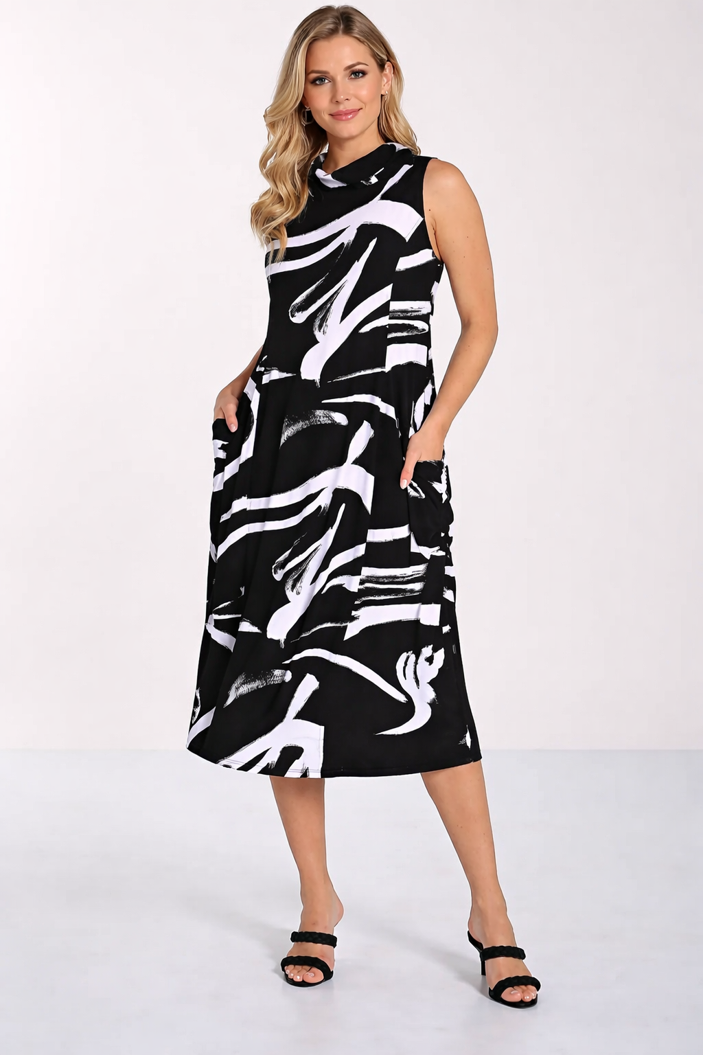 Frank Lyman Abstract Sleeveless Midi Dress Style 266240 Black/White