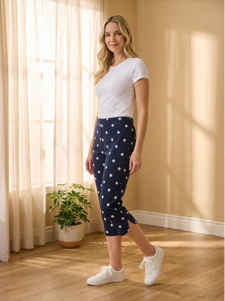 Embroidered Daisy Tulip Hem Capri – Dream Pants