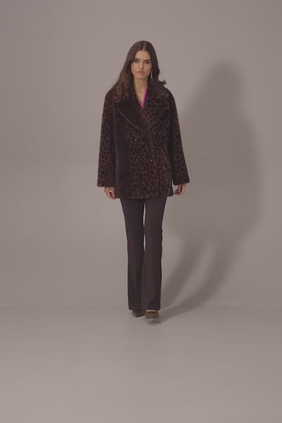 Faux Fur Leopard Print Double-Breasted Coat