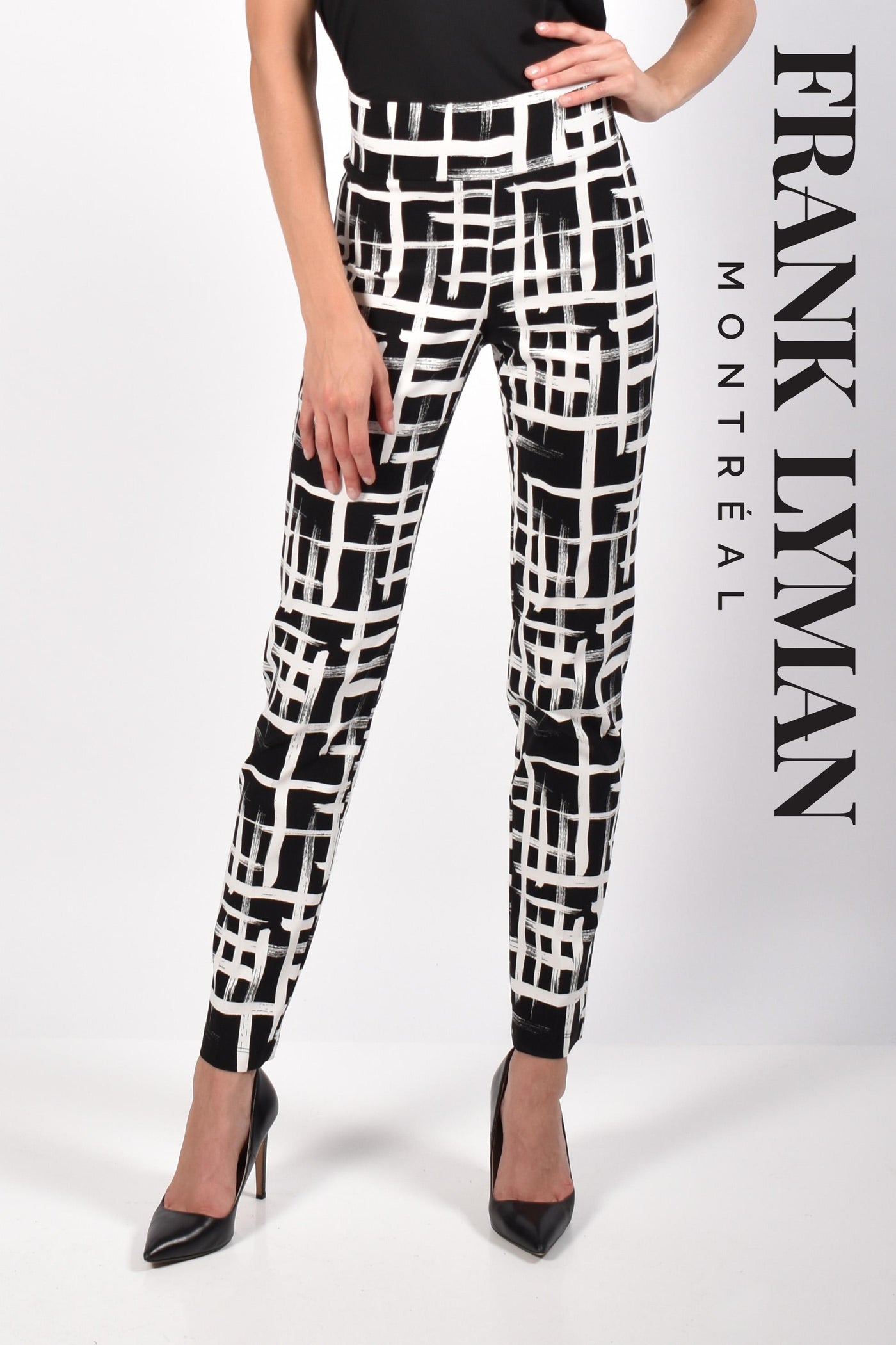 Frank Lyman Woven Pant, Style 216388 Color Black-Off-White 