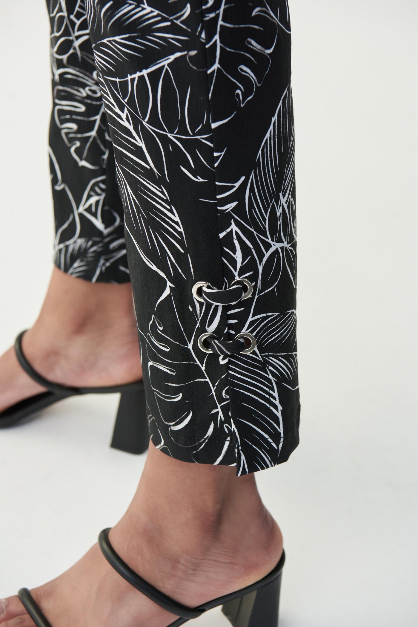 Joseph Ribkoff Pull On Palm Print Pants Style 221132 Color Black-Vanilla 