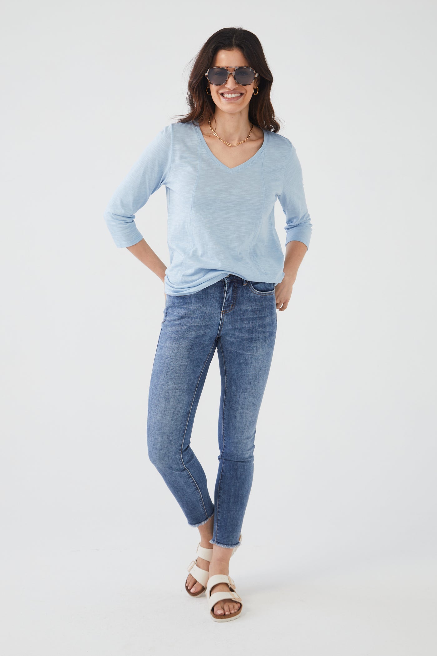 French Dressing Jeans V-Neck Top in Solid Slub Jersey 
